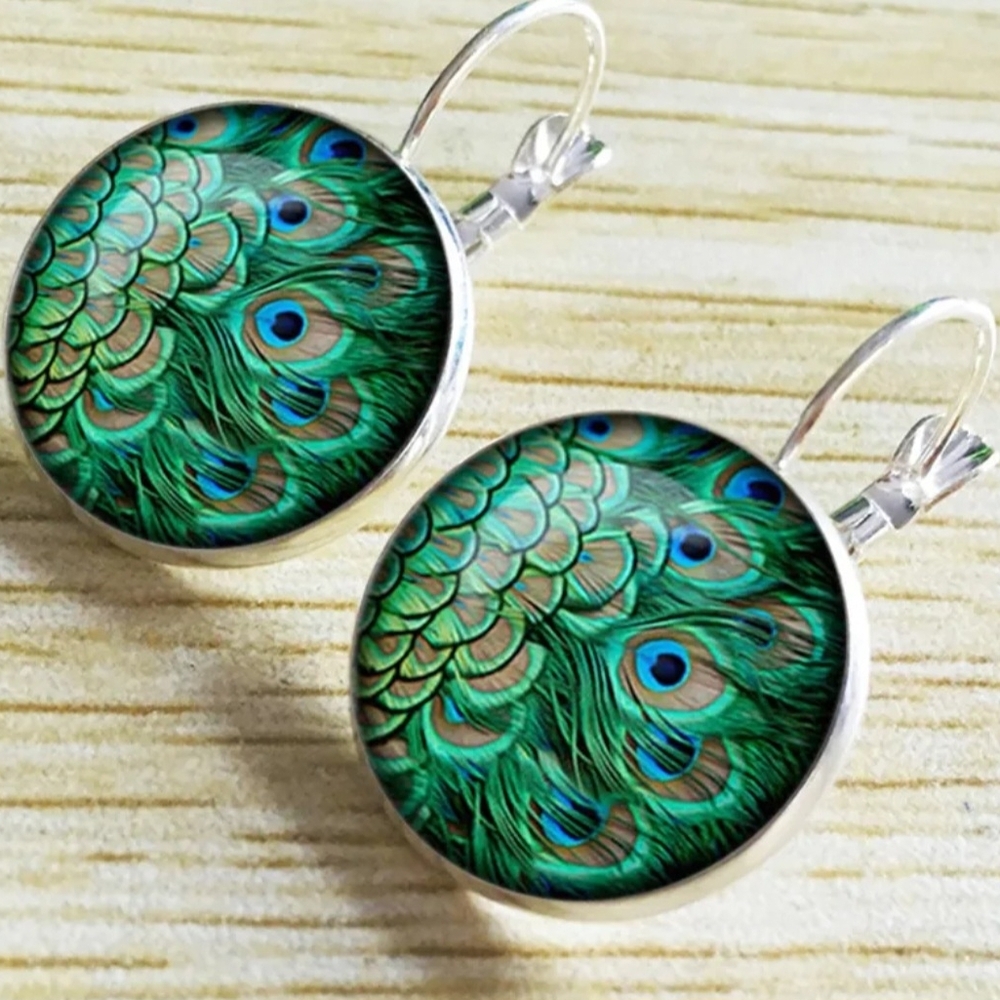 Peacock Feather Round Glass  Earrings
